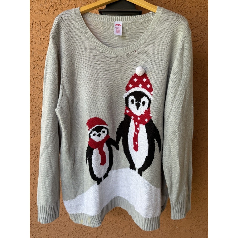 Holiday Time Womens 3XL 22W 24W Penguin Ugly Christmas Sweater Metallic Pullover